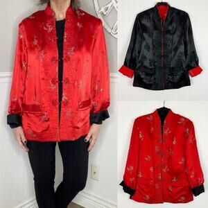 VTG Reversible Chinese Silk Jacket Embroidered Brocade Red Black Festival Boho